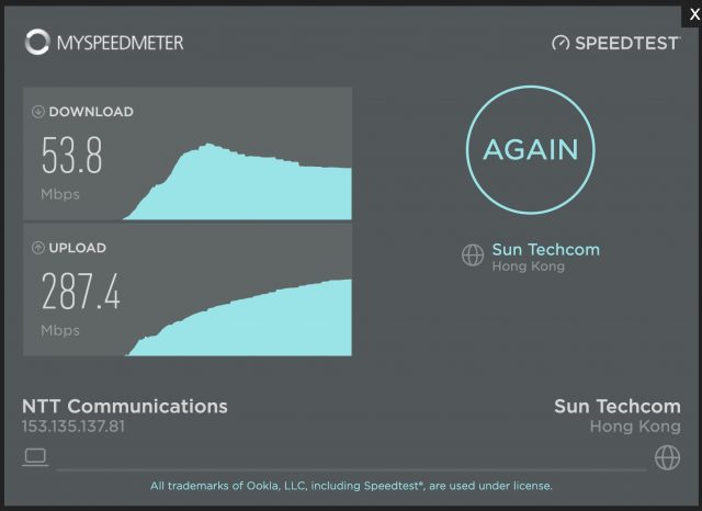香港とのインターネット接続 スピードテスト