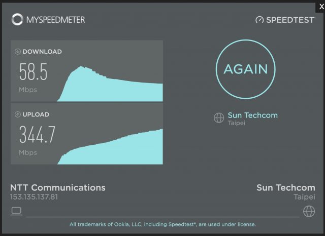 台北とのインターネット接続 スピードテスト